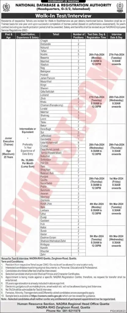 NADRA Balochistan jobs 2024 walk-in test/interview
